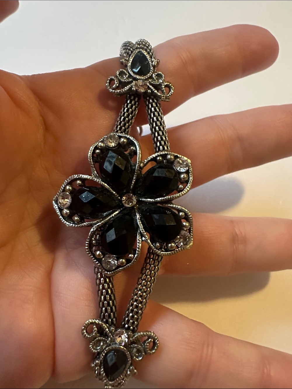 Black Crystal Flower Statement Bracelet - Women Jewelry